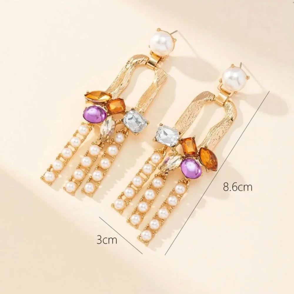 Statement Gold-Tone Earrings with Colorful Stones & Faux Pearl Strands